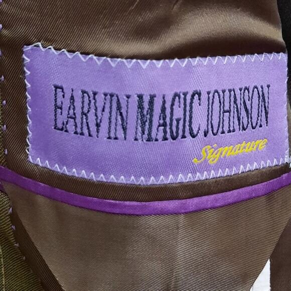 Magic Johnson 46R Blazer Italy Super 120s Wool Pinstripe Brown Suit Jacket Vtg - Picture 4 of 9